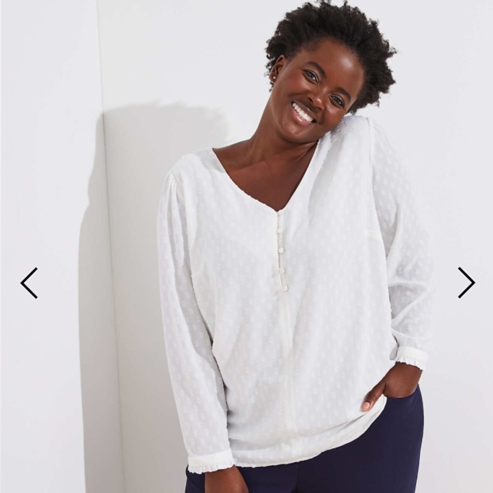LOFT Plus White Dot, Button V-Neck Blouse
